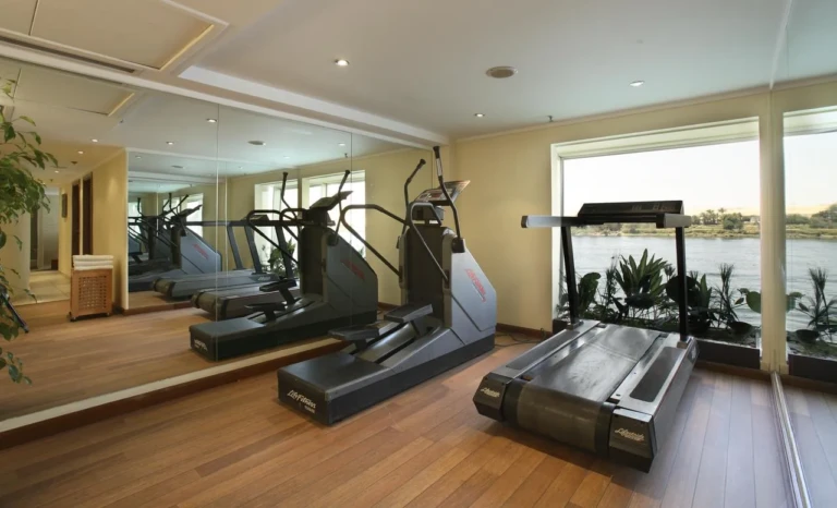 Sonesta Star Goddess gym with treadmills and river-view windows