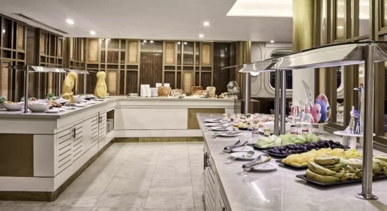Wide view of the Tulip buffet hall with fruit counters