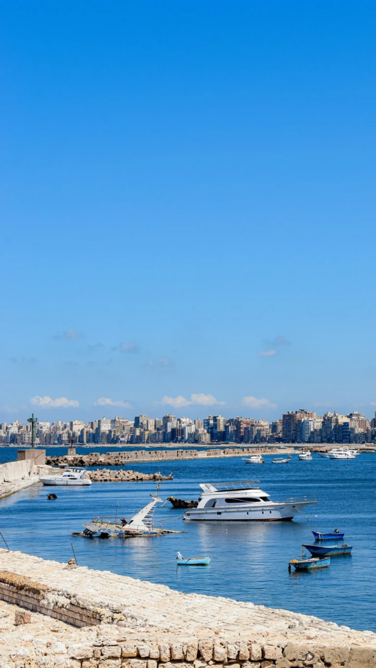 Boats in Alexandria harbour with the city skyline