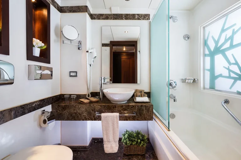 Bathroom with vessel sink and glass-screened tub on the Farah