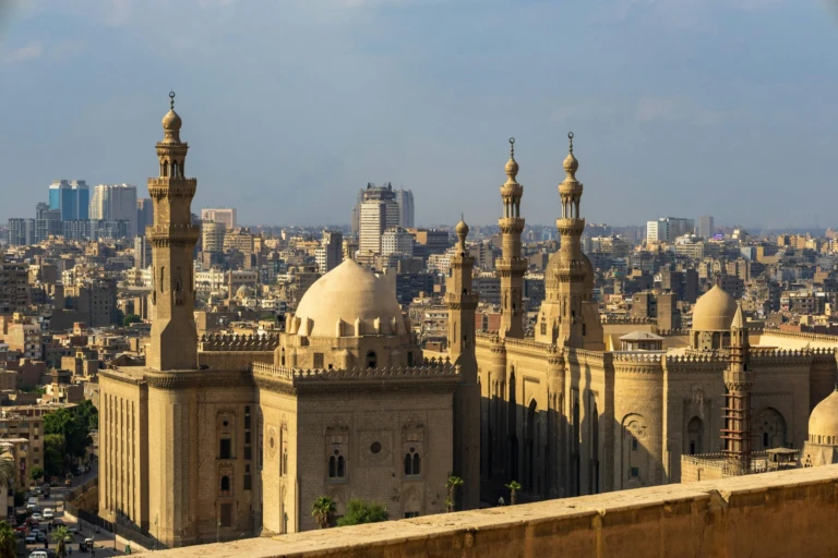 Sultan Hassan Mosque and Cairo skyline seen from the Citadel