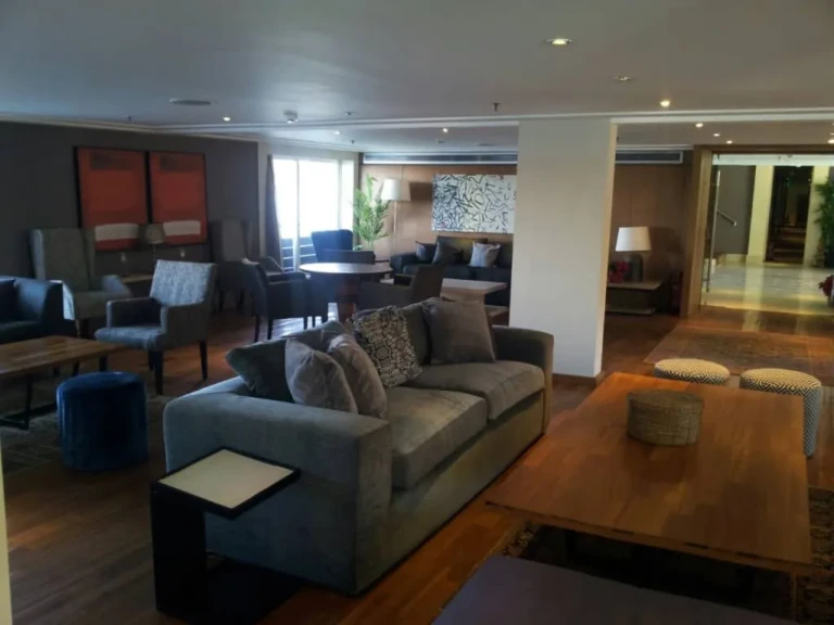 Farida lounge with grey sofa and wooden coffee table