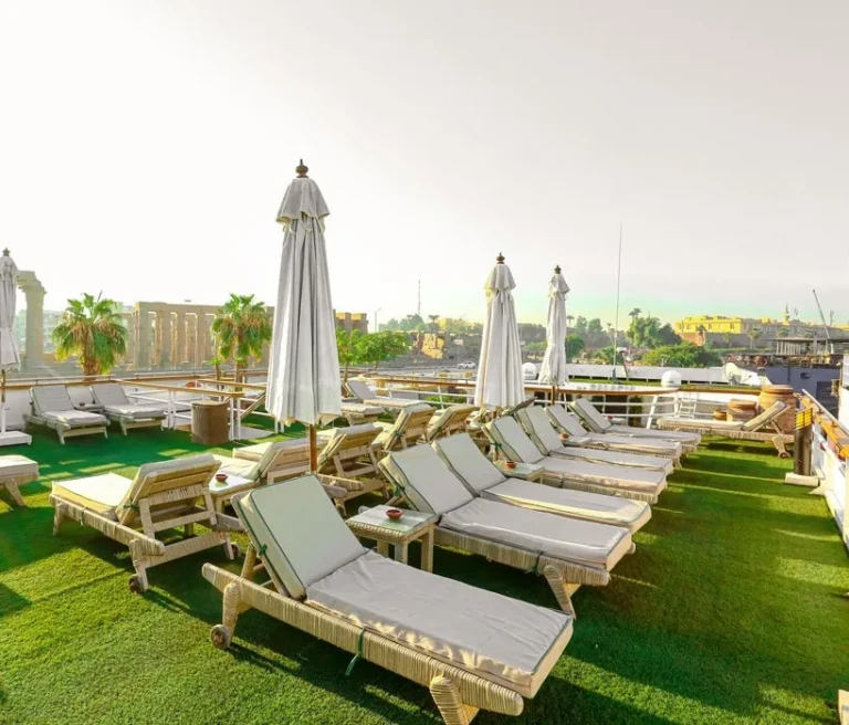 MS Salacia sun deck loungers with folded parasols