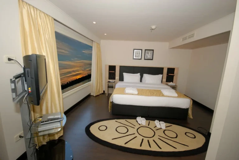 Double bed cabin with round rug, TV and wide window