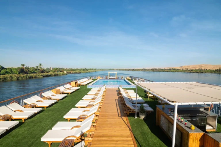 Nile Capital sun deck with loungers, pool and wooden walkway