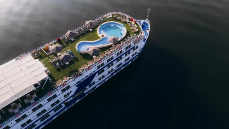 Aerial view of the Renaissance sun deck and pool on the Nile