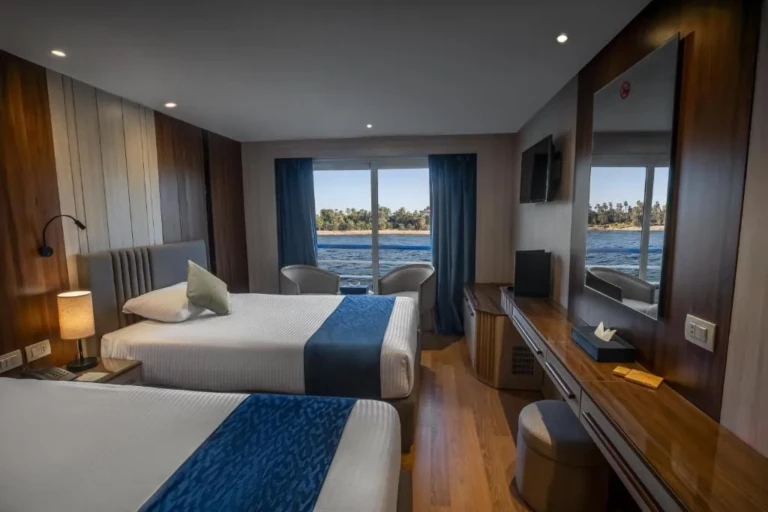 Twin cabin with mirrored desk and Nile window on the Renaissance