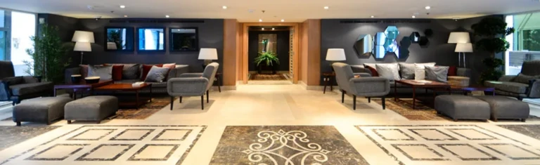 Salima lobby lounge with sofas and patterned floor
