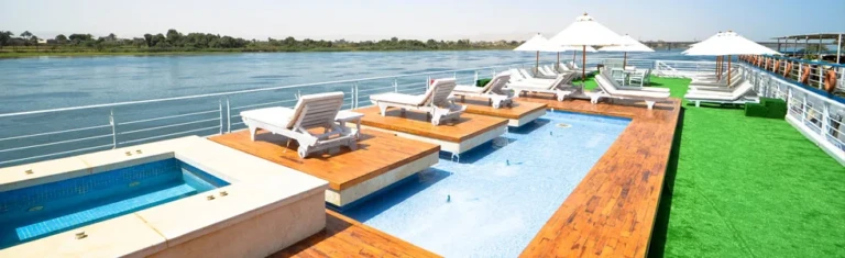 Salima pool and loungers on wooden decking by the Nile