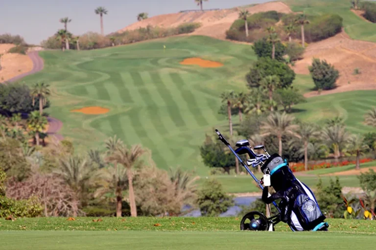 Golf bag on a trolley overlooking a terraced fairway