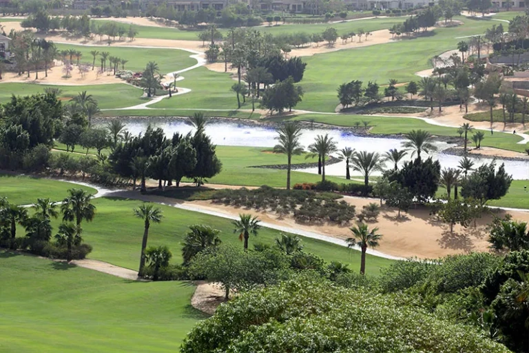 Aerial view of golf fairways, lake and palm trees
