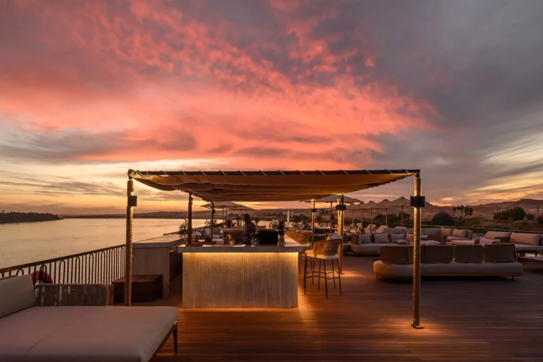 Sun deck of a five-star Nile cruise ship at sunset between Luxor and Aswan