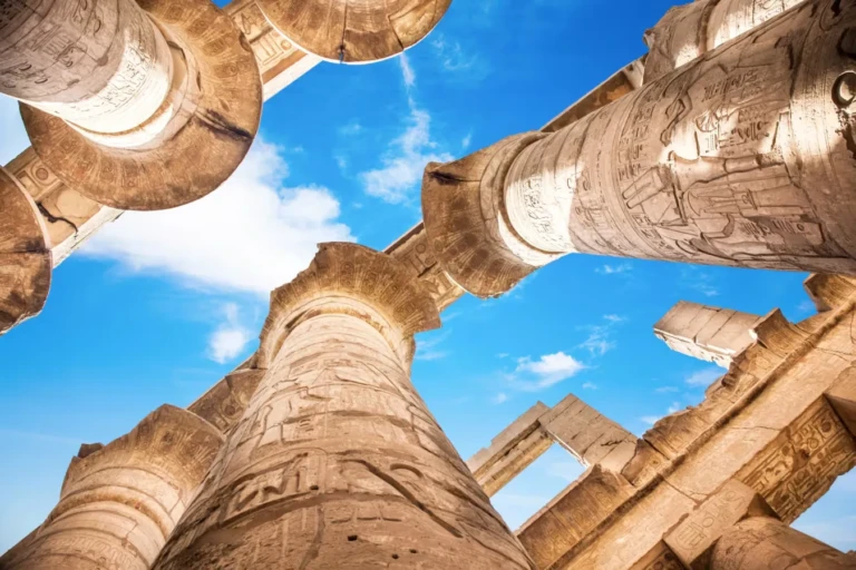 Looking up at Karnak Temple hypostyle hall columns