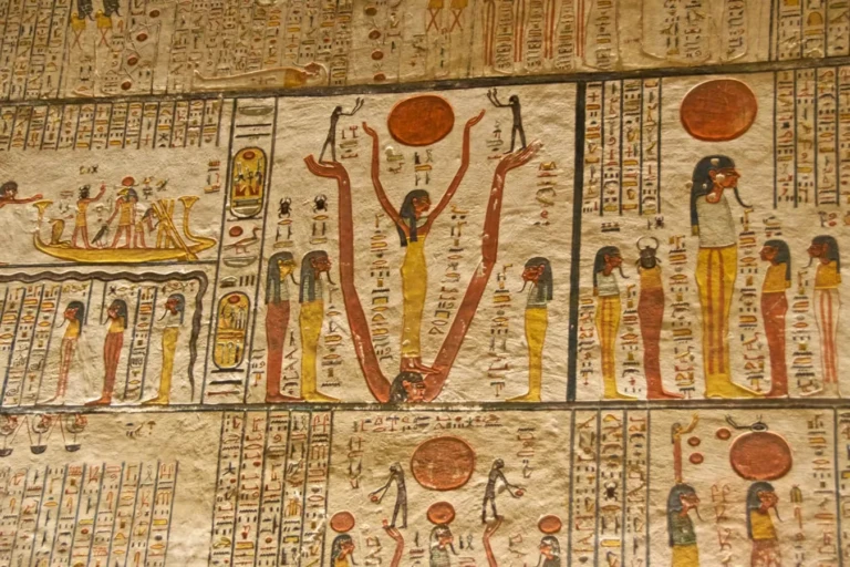 Painted tomb wall with gods and hieroglyphs, Valley of the Kings