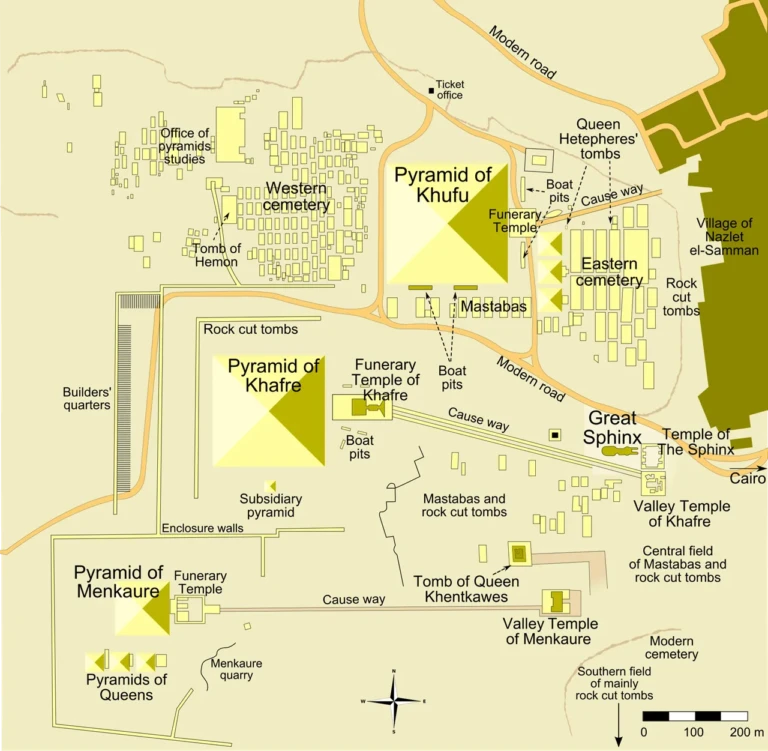 Map of the Giza plateau with the pyramids, Sphinx and cemeteries