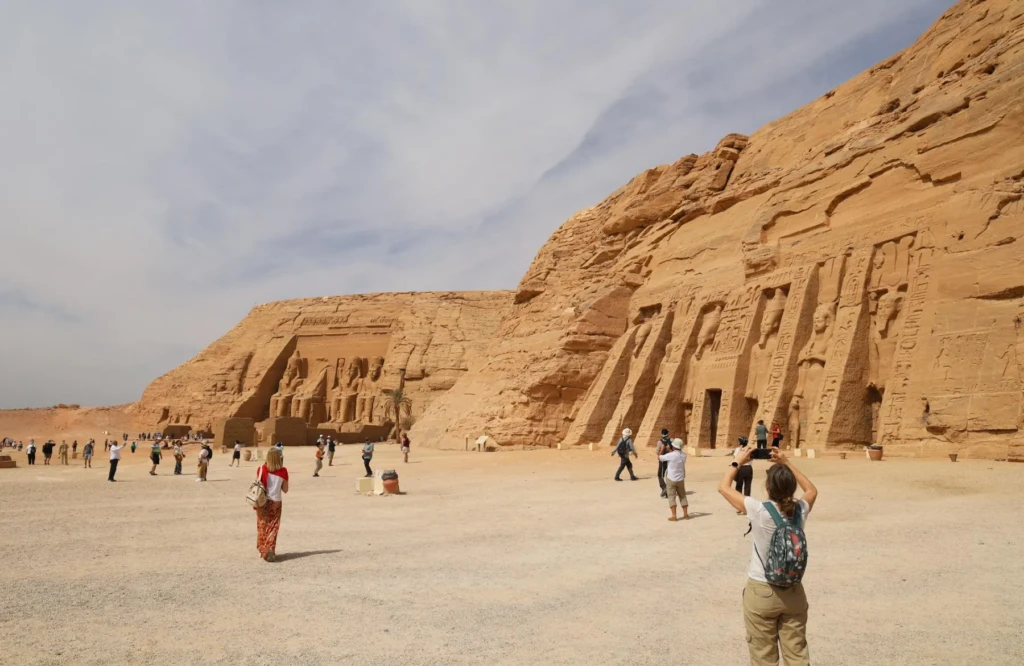 Visitors in front of the rock-cut temples of Abu Simbel