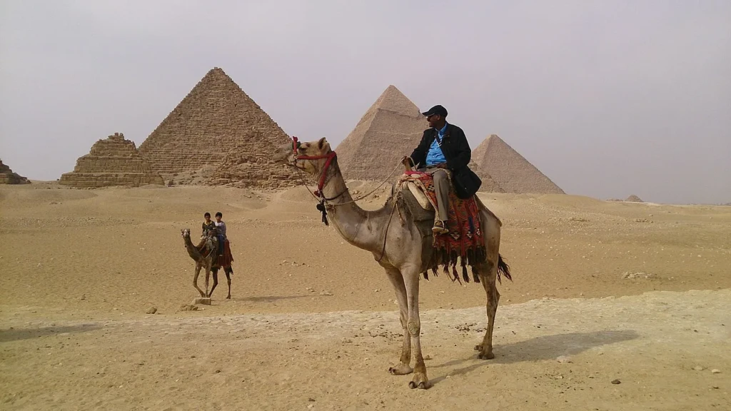 Camel riding at the Giza Pyramids in Egypt