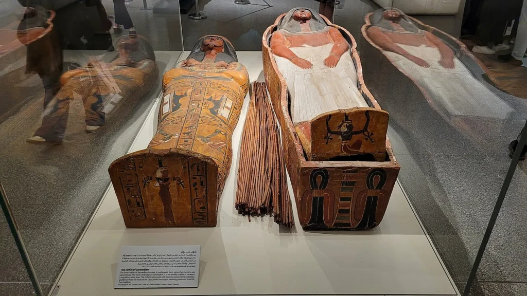 Coffins on display at the National Museum of Egyptian Civilization