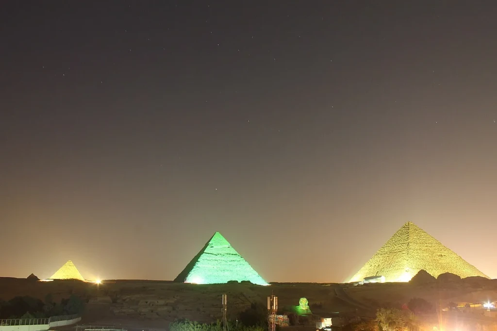Giza pyramids lit in color during the Sound and Light Show