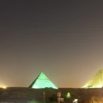 Giza pyramids lit in color during the Sound and Light Show